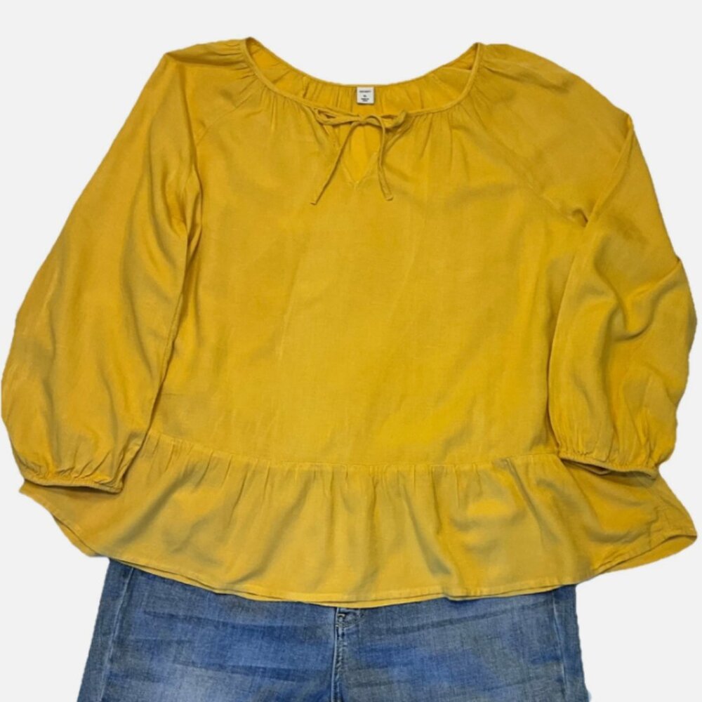 Old Navy XL Mustard Peplum Cottagecore Peasant Blouse with Tie Closure